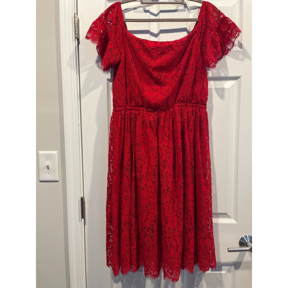 Express Red Floral Lace Off Shoulder Fit & Flare Cocktail Dress Large - Picture 5 of 9